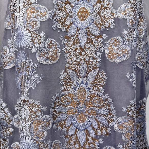 SUNDANCE Floral Embroidered Sheer Overlay Cocktail Dress L Gray Bohemian Luxe - Picture 4 of 11